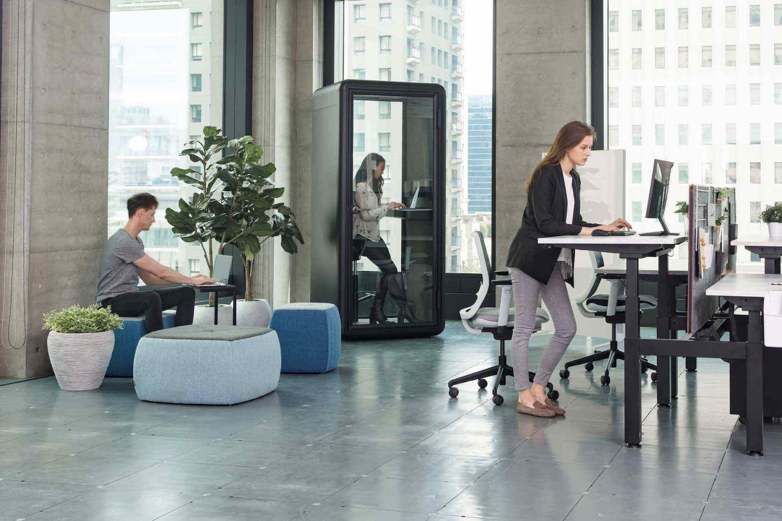 Glass door hinge for meeting pod