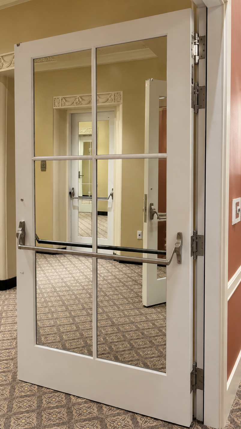 Open Glass Door in Classic Hotel Corridor Open Glass Door in Classic Hotel Corridor