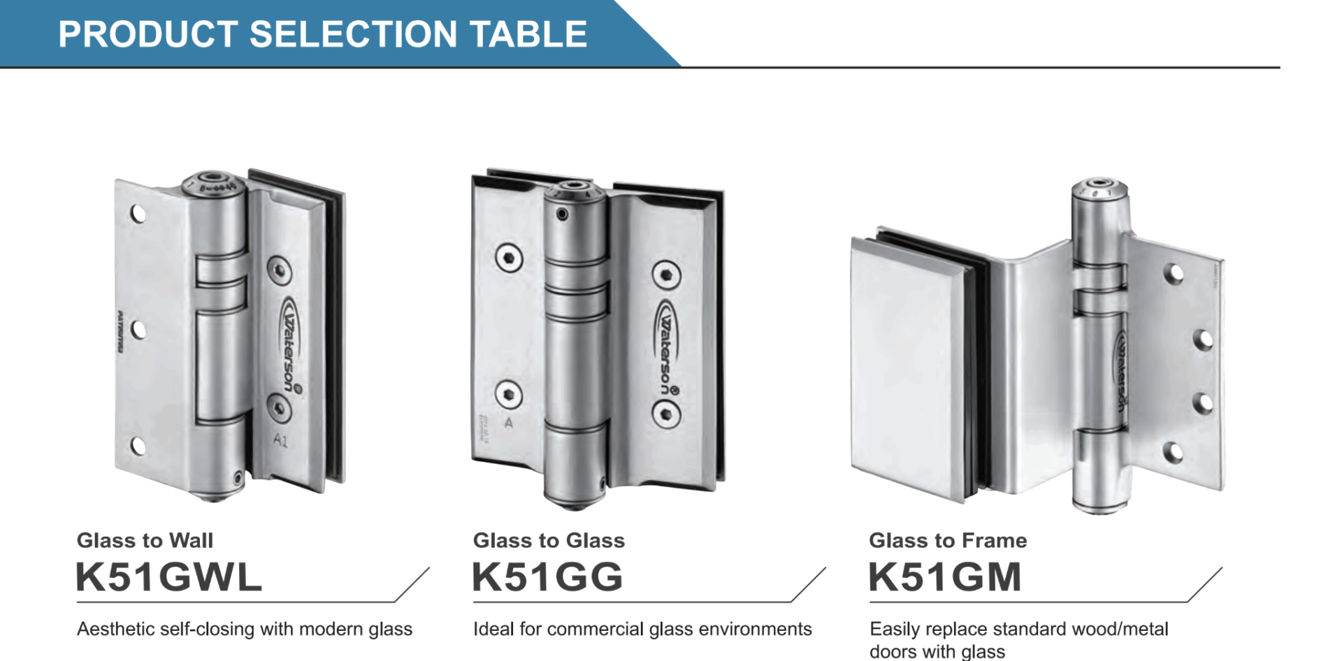 Waterson soft closing glass door hinges