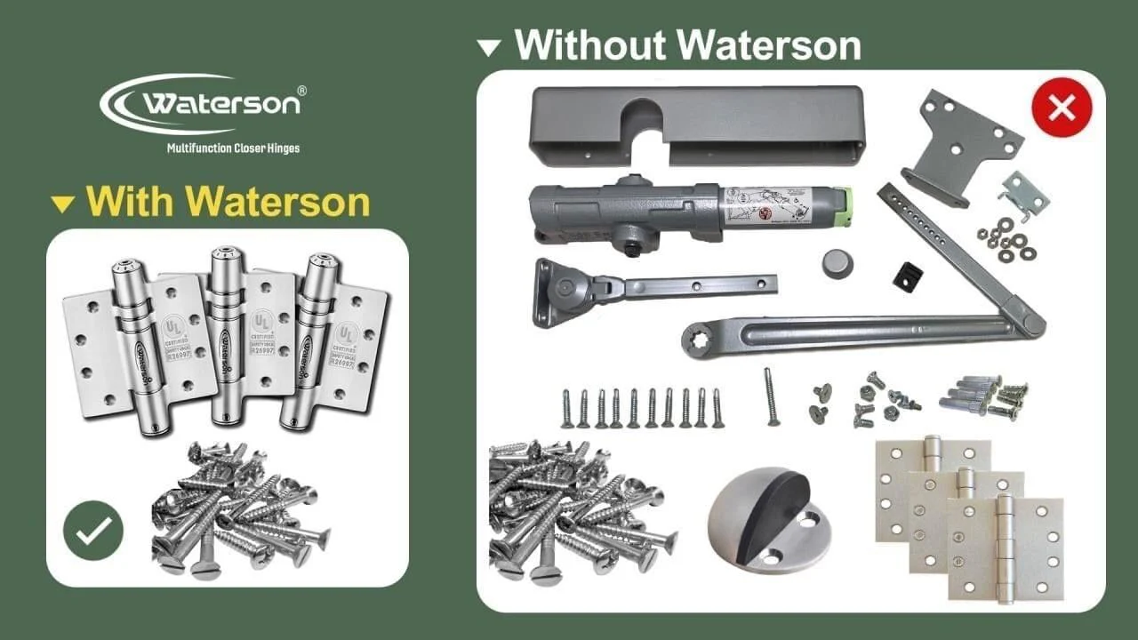 Waterson_self_closing_door_hinges_vs._traditional_door_closers