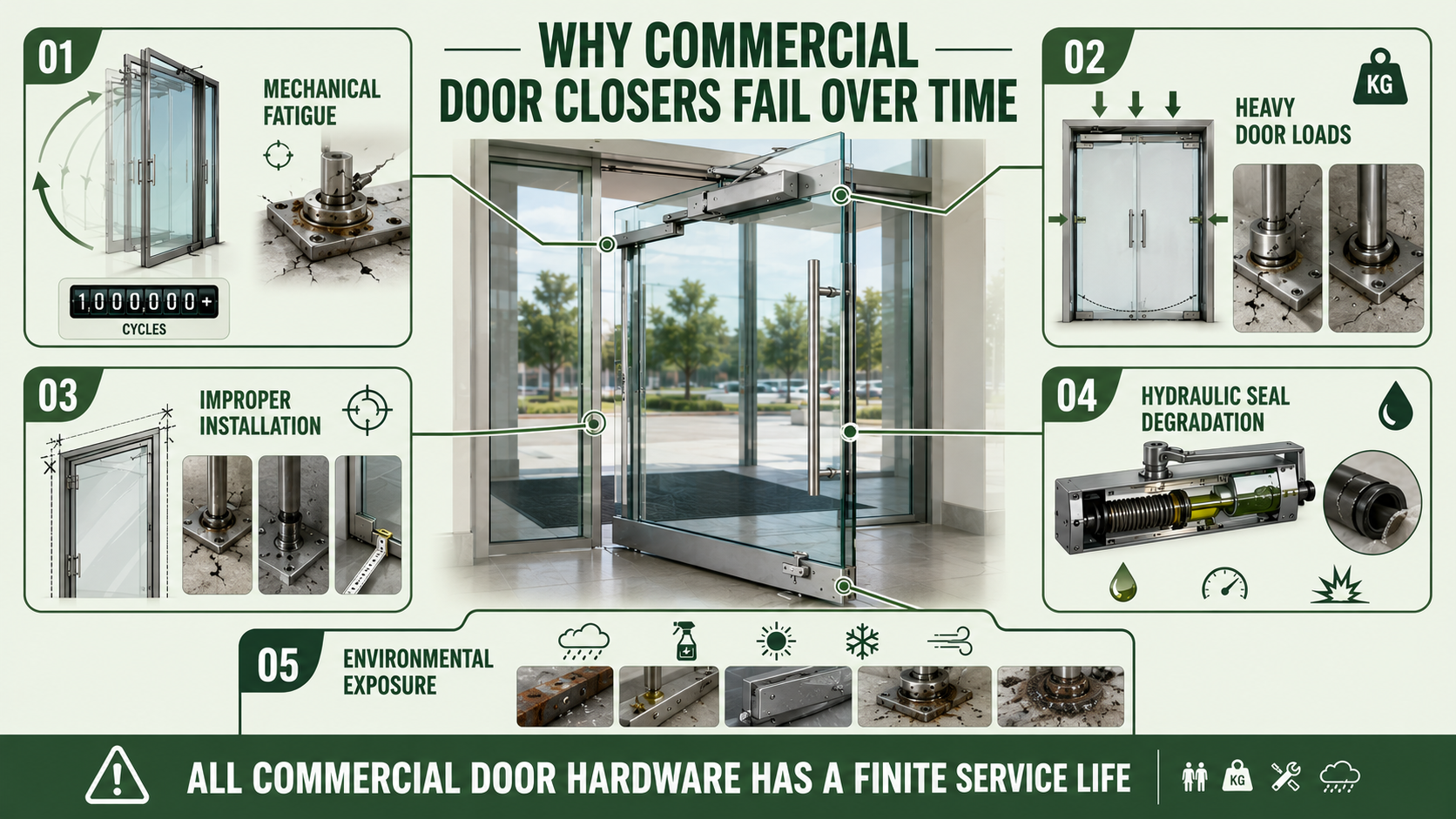 Why do commercial glass door closer hinges fail in high-traffic buildings