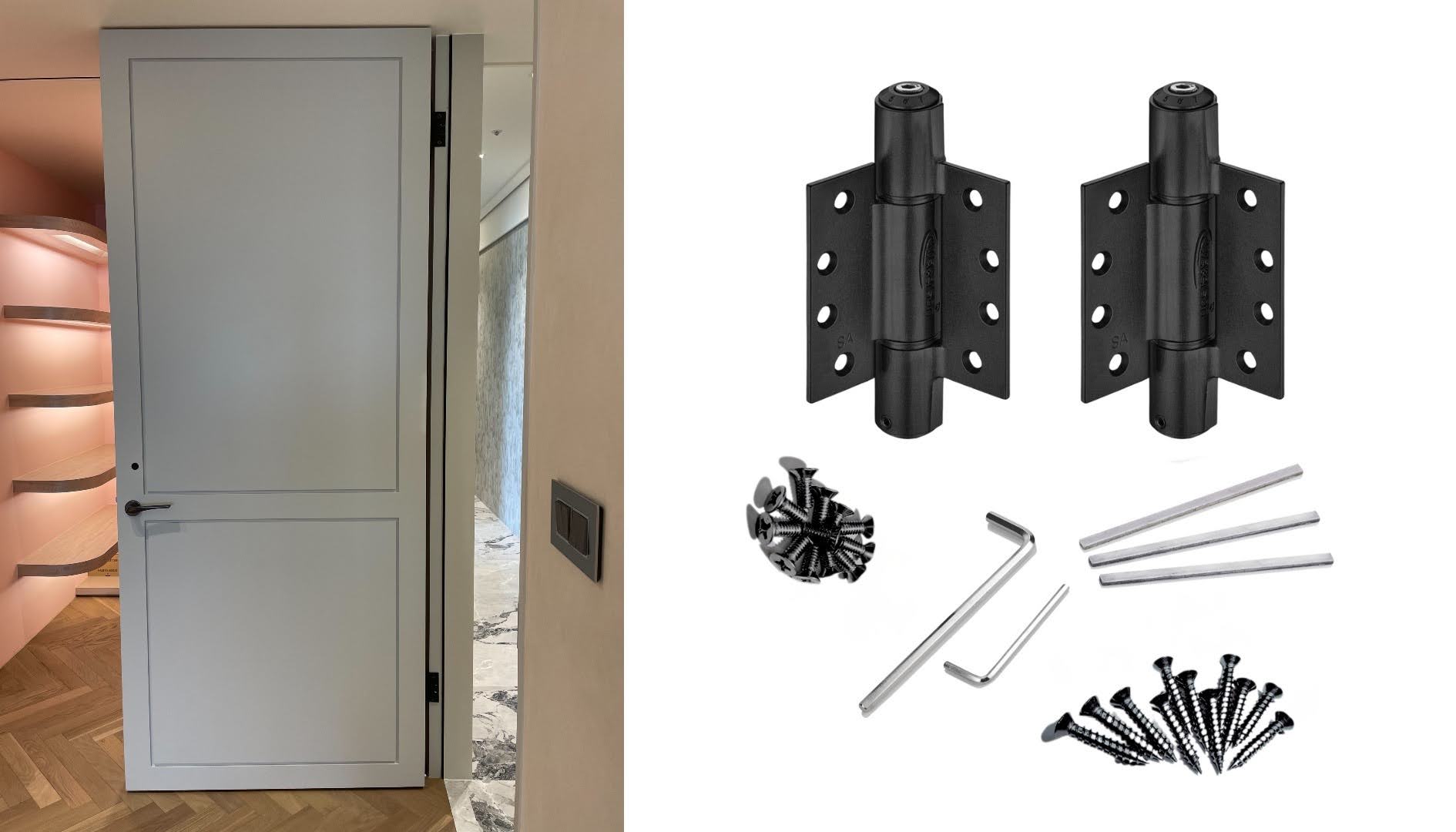 black hinges on white doors