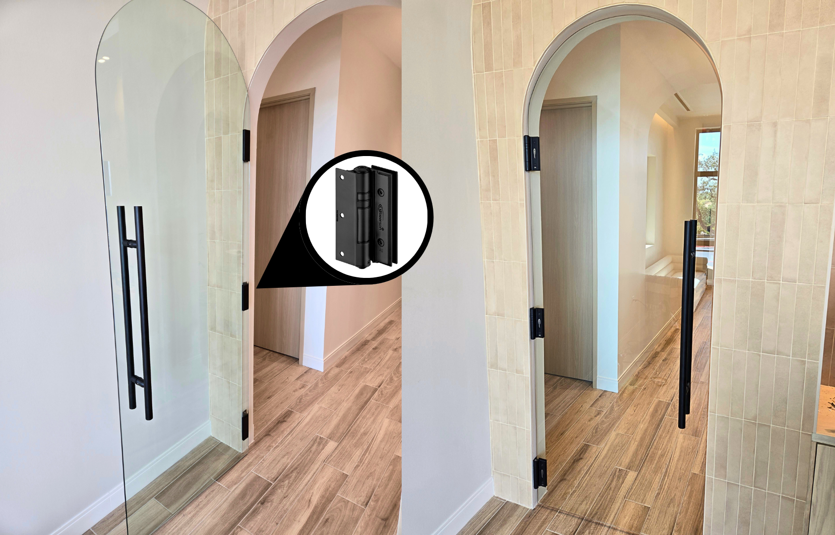 frameless arched glass door with black glass door hinges and hold open feature