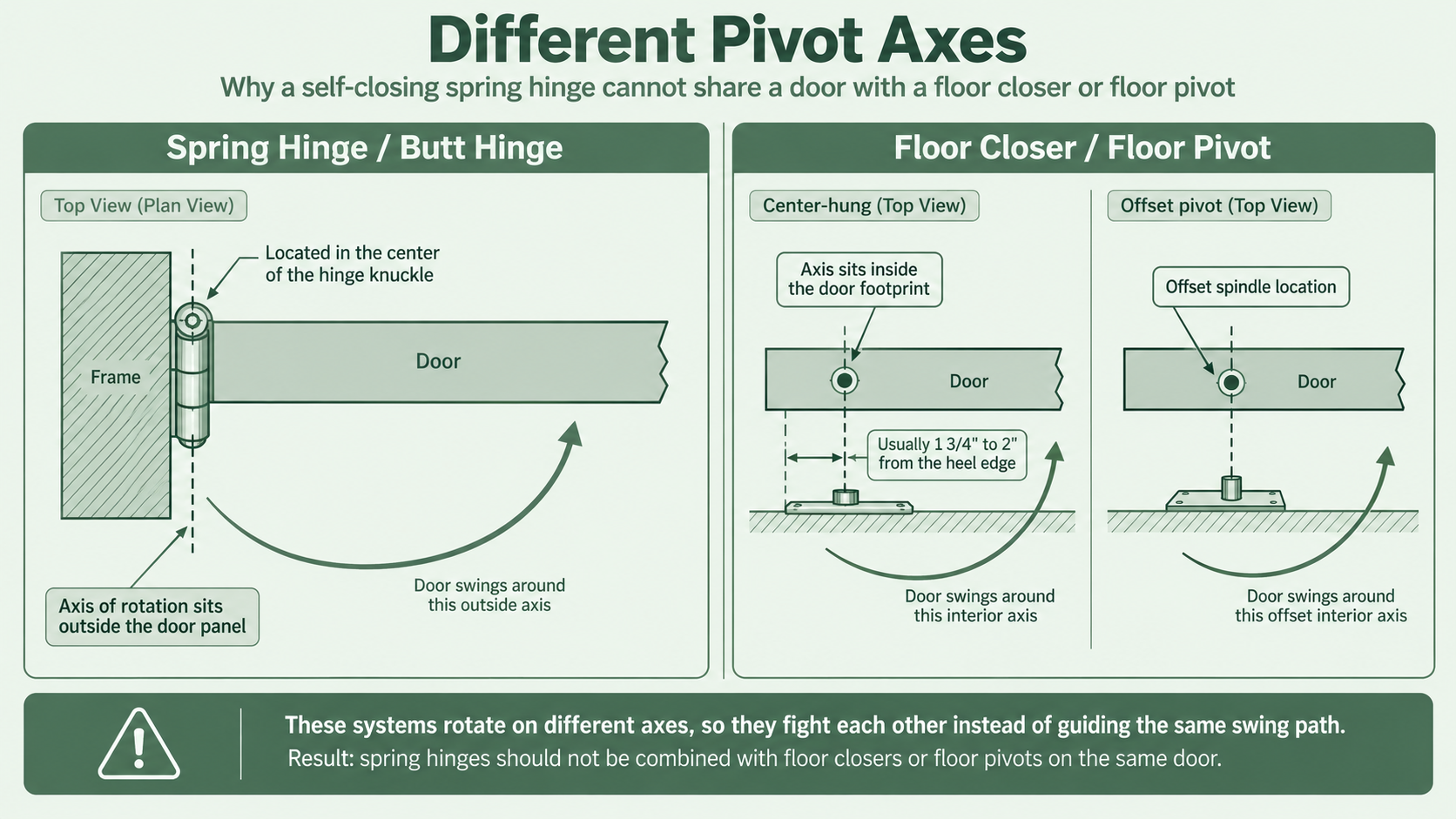 spring hinges axis vs floor hinge axis